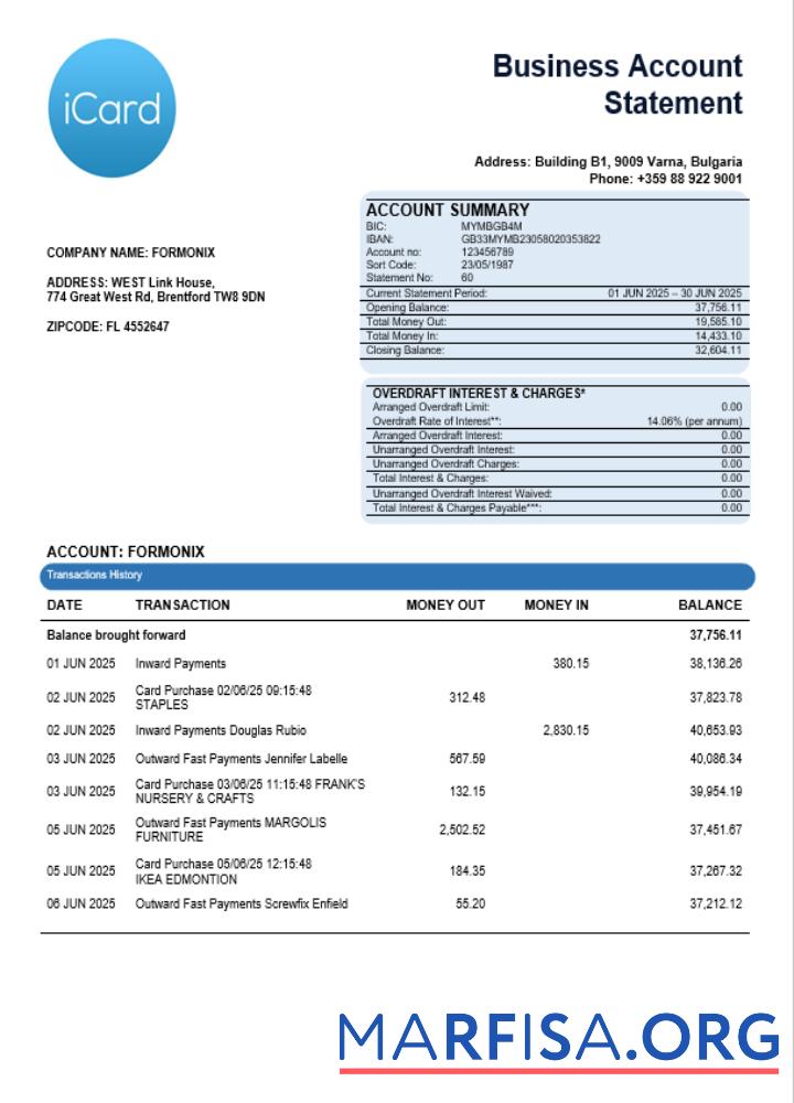 Downloadable iCard business bank statement Word and PDF format real example